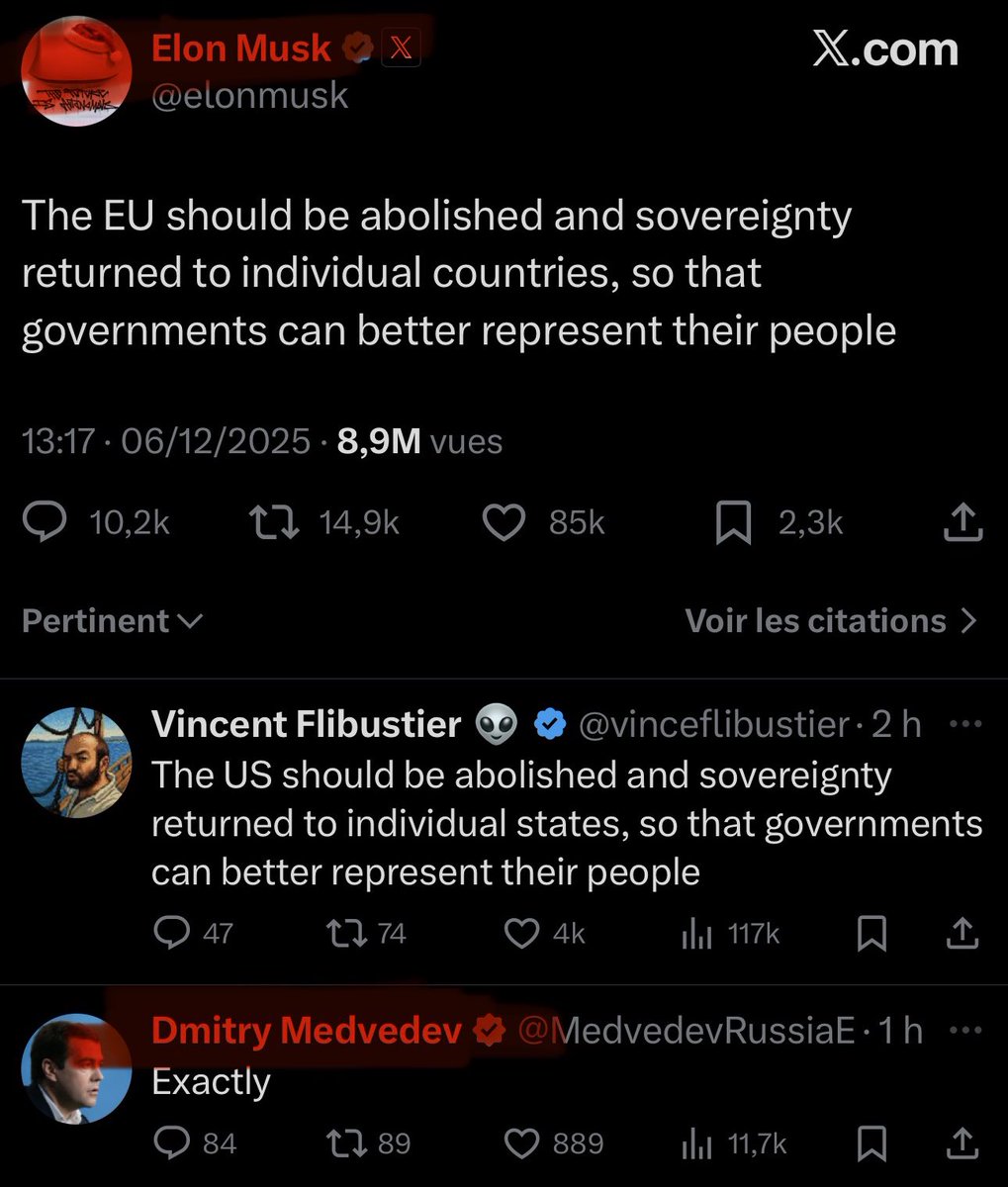 Elon Musk wants the abolition of the European Union and Dmitry Medvedev replied “ Exactly “ to his post.
The American - Russian axis is clear, a divided Europe makes it easier to control us.

Europeans, being anti-Europe is being a traitor at this point!