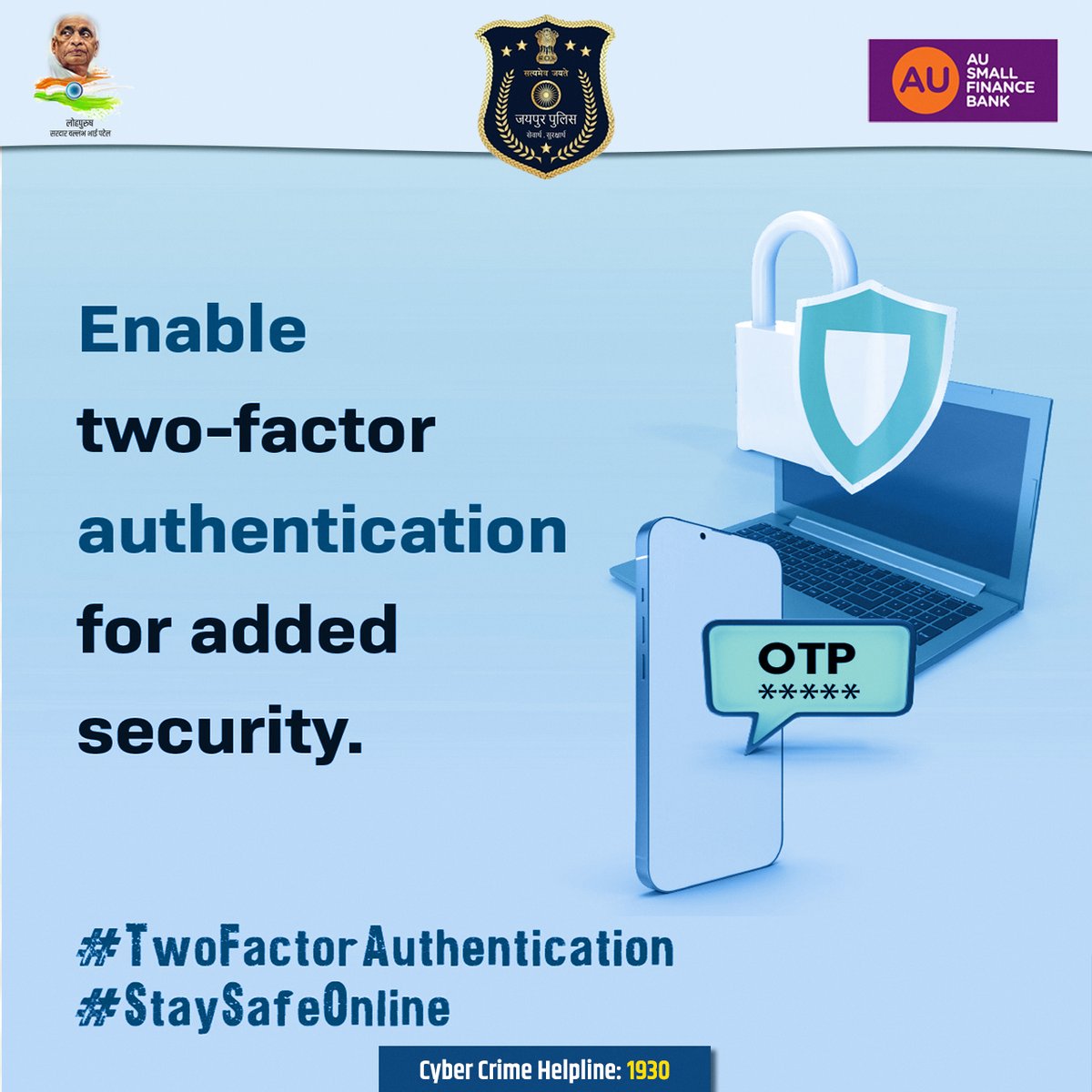 jaipur_police's tweet image. Enable Two-Factor Authentication
Add an extra layer of security to protect your accounts from hackers.
Stay aware. Stay secure.
#TwoFactorAuthentication #StaySafeOnline #JaipurPolice