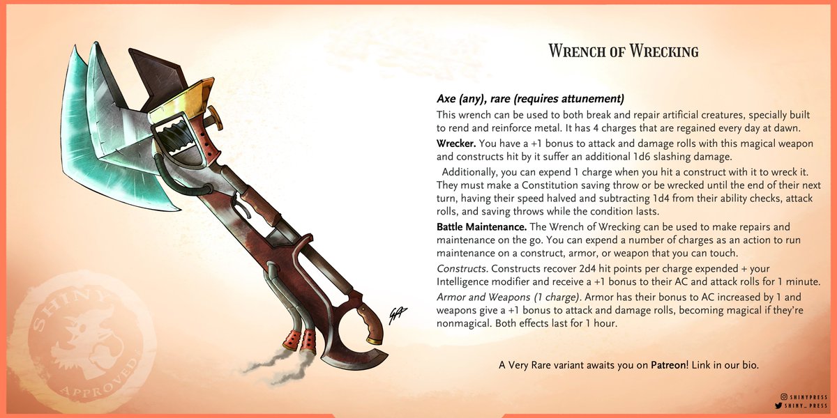 🔥 First created as heavy-duty maintenance tools, Wrecker Wrenches were soon employed in combat against constructs that went haywire in workshops. If no control could be reestablished, wrecking was the way.

#dnd #ttrpg #dnd5e