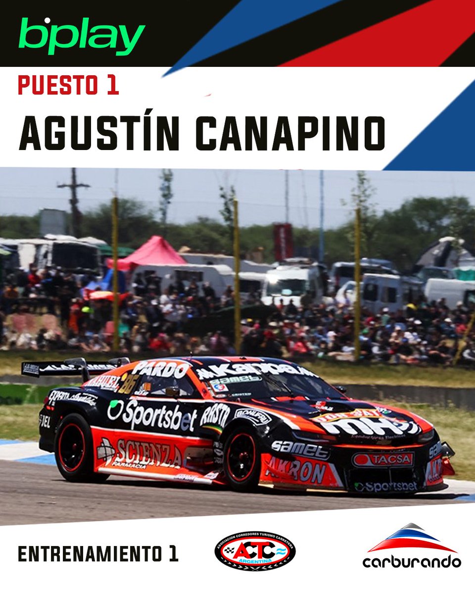 🏁1️⃣ <a href="/AgustinCanapino/">Agustín Canapino 🇦🇷</a> fue la referencia en el primer entrenamiento del #TurismoCarretera en La Plata. 

⏱️ 1:23.849 

2️⃣ <a href="/jositoooooo/">Josito Di Palma</a> (+0.075) 
3️⃣ <a href="/nachofain/">polo⚡️</a> (+0.117) 

🔜 A las 13:20hs, el segundo ensayo. 

#TCenLaPlata #Canapino 

📸 <a href="/BernaBosco/">Berna Bosco</a>