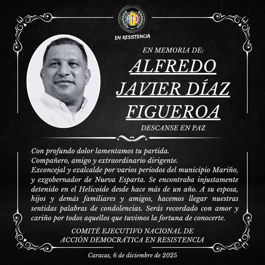Lamentablemente nos ha dejado un gran compañero, amigo, un hombre humilde conectado con su pueblo, un excelente gobernante que llevó desarrollo y crecimiento a los pueblos de su estado Nueva Esparta.

Siempre te recordaremos apreciado compañero Alfredito; brille para ti