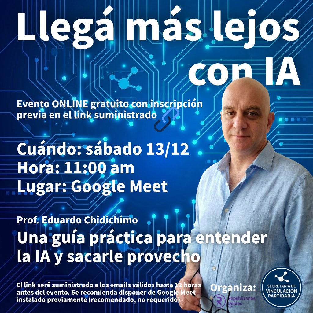 Desde RUCABA te invitamos a la charla sobre IA con el Prof. Eduardo Chidichimo este sáb 13/12. Vamos a conversar sobre usos, alcances y límites de la IA como herramienta. Inscribite acá👇
 forms.gle/tBxCasnBto9b4c…