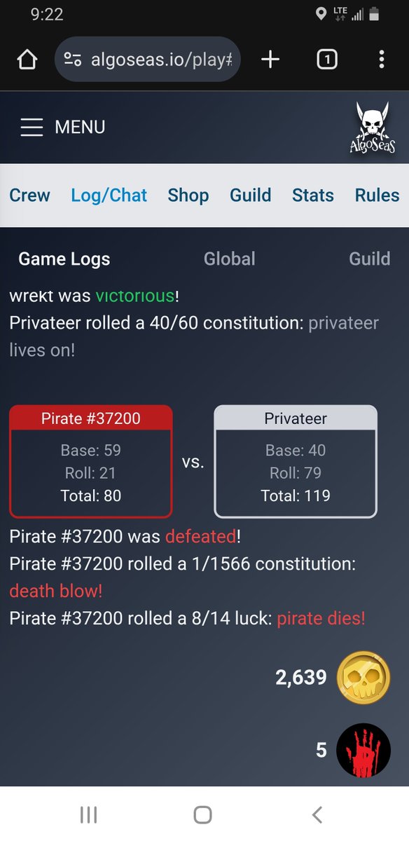 Zaneofaustin's tweet photo. @AlgoSeas hey is this game dead or what? Discord is empty, no chat channels. And I had technical questions about the game, like how its possible to have constitution rolls like this. Game scammed me out of tons of pirates and I can't figure out how this math possibly makes sense. https://t.co/MU5hmKk9Jy