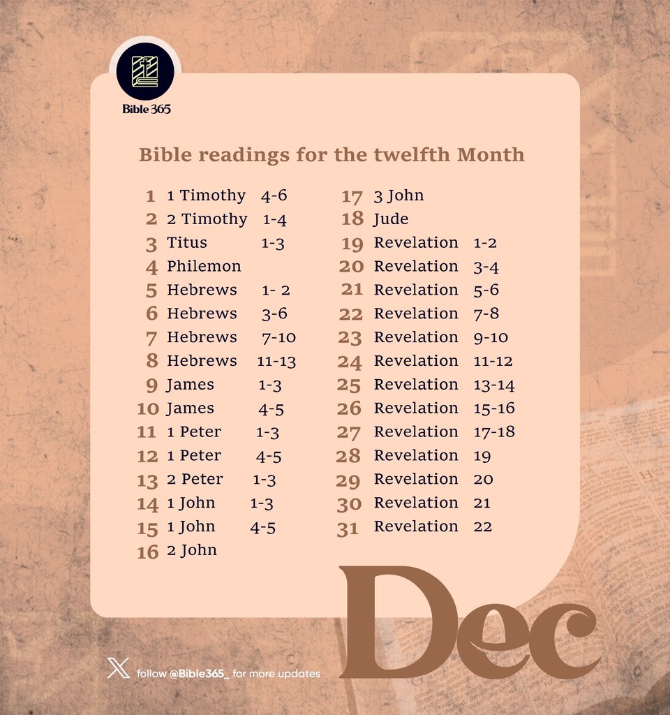 Bible365_'s tweet image. Reading the BIBLE in one year!  

A bit late but join us as we kick off our DECEMBER reading schedule.  

Follow @Bible365_ and turn on notifications to stay on track.