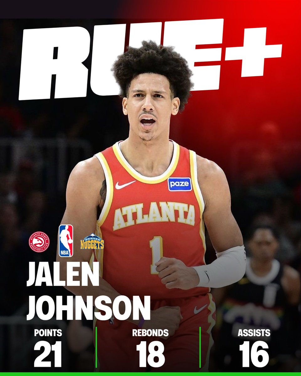 Rueplus's tweet photo. JALEN JOHNSON CONTRE DENVER CETTE NUIT :

21 POINTS
18 REBONDS
16 PASSES DÉCISIVES (record personnel)

LE PREMIER MATCH 15-15-15 DE L'HISTOIRE DES HAWKS !

UNE DINGUERIE… ATLANTA ÉTAIT À +19 FACE À DENVER EN PREMIÈRE MI-TEMPS MAIS ONT FINI PAR PERDRE LE MATCH D'UN POINT ! https://t.co/Nbro1JW4RG