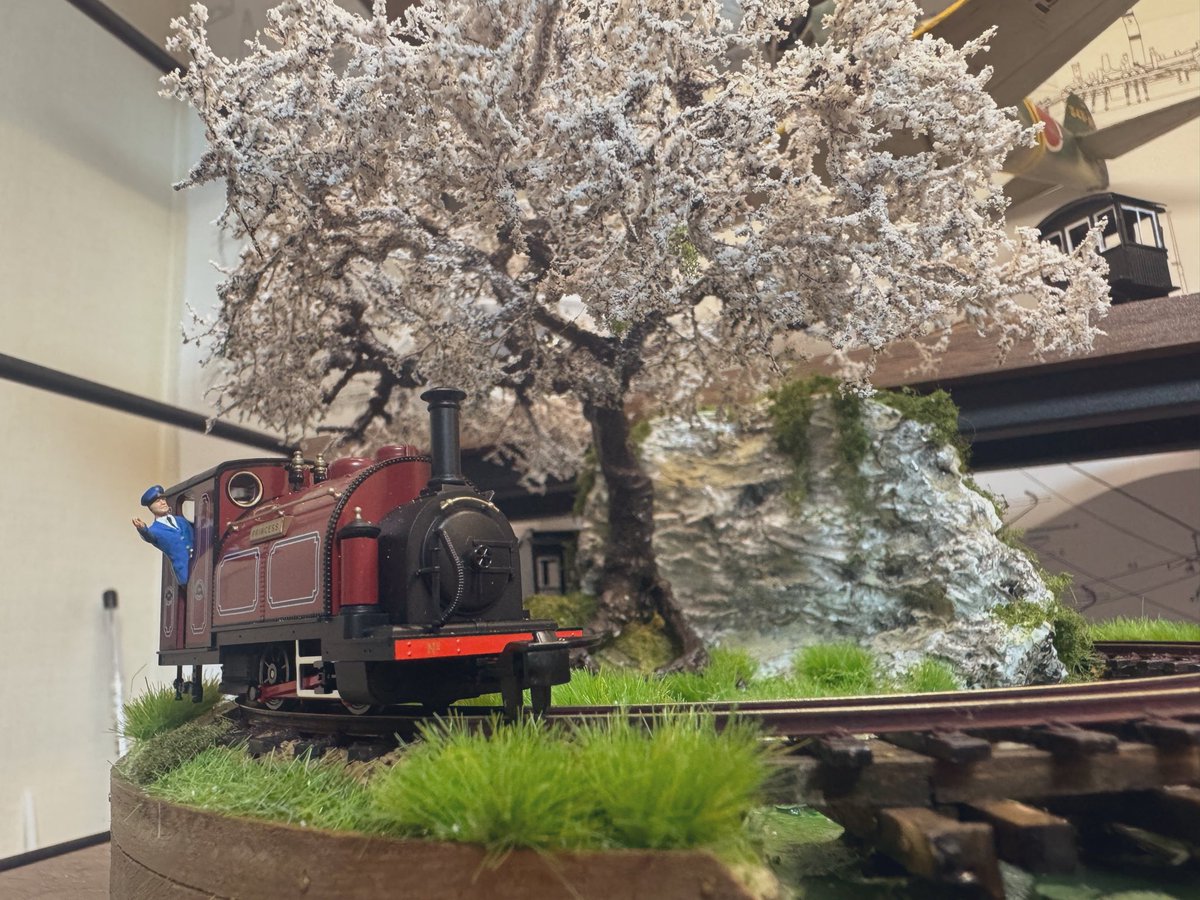 morley_craft's tweet photo. 桜とスモールイングランドのミニジオラマ

直径22cm(R75mm)くらいです。
(スモールイングランドのドローバーが干渉するダイキャスト部分とテンダーの一部を削ってます)
#ナローゲージ
#HOナロー https://t.co/KSK5HHAQGI