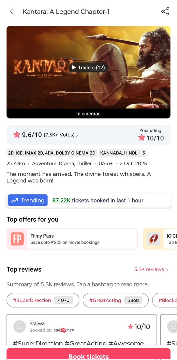 AbhilashDevadi1's tweet photo. Next which Kannada movie can achieve this peak hour sale on @bookmyshow ?
#KantaraChapter1  highest peak hour sale was 87k+   I was expecting atleast 15-20k from below movies(50k+ from #ToxicTheMovie )

#MarkTheFilm #TheDevil #Toxic #45TheMovie 
#KicchaSudeep #Darshan #yash https://t.co/mNmGYje69g