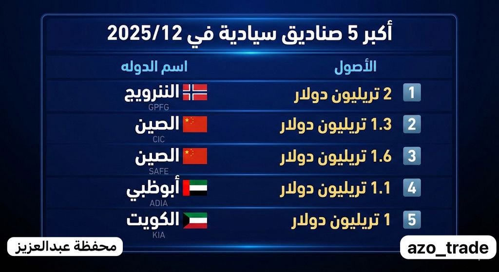 azo_Trade's tweet photo. أكبر 5 صناديق سيادية في 2025/12 :
1️⃣ النرويج – #GPFG
القيمة: 2 تريليون دولار
المكوّنات:72% أسهم 27% سندات
2% عقار وبنية تحتية
حصة المواطن (تقريبية): 340–360 ألف دولار
2️⃣ الصين – #CIC
القيمة: 1.3 تريليون دولار
المكوّنات:أسهم + سندات + استثمارات خاصة
حصة المواطن (تقريبية): أقل من 1 دولار
3️⃣ الصين – #SAFE
القيمة: 1.6 تريليون دولار
المكوّنات:احتياطيات (سندات حكومية)،
أسهم+أصول دولية
حصة المواطن (تقريبية): حوالي 1 دولار
4️⃣ أبوظبي – #ADIA
القيمة: 1.1 تريليون دولار
المكوّنات:أسهم، سندات، عقار،
بنية تحتية، أسواق خاصة
حصة المواطن: 900 ألف دولار فأكثر
5️⃣ الكويت – #KIA
القيمة: 1 تريليون دولار
المكوّنات:أسهم، سندات،
(عقار + استثمارات خاصة +بنية تحتية)
حصة المواطن (تقريبية): 660 ألف دولار
في الختام :
كان معكم أخوكم عبدالعزيز 🌟
لا تنسوا إضافة لحسابي
لمتابعة كل جديد عن الاستثمار