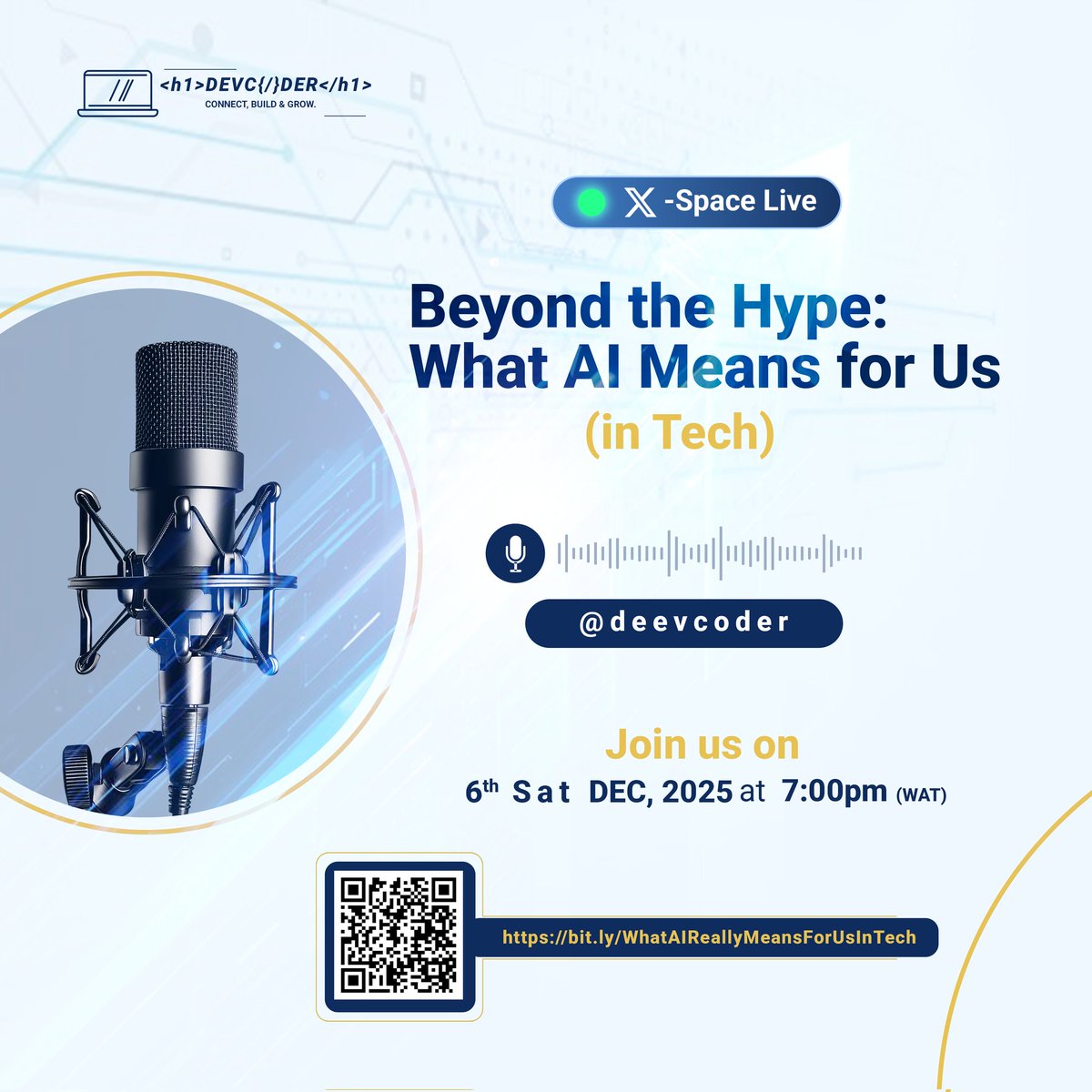 deevcoder's tweet image. Today • 7PM WAT 💙
DevCoder Space is happening tonight!

Beyond the Hype: What AI Really Means for Us in Tech
A real conversation about AI’s true impact, not the trends. 🔥

🔗 Join the Space: x.com/i/spaces/1ZkJz…
#DevCoders #AIDiscussion