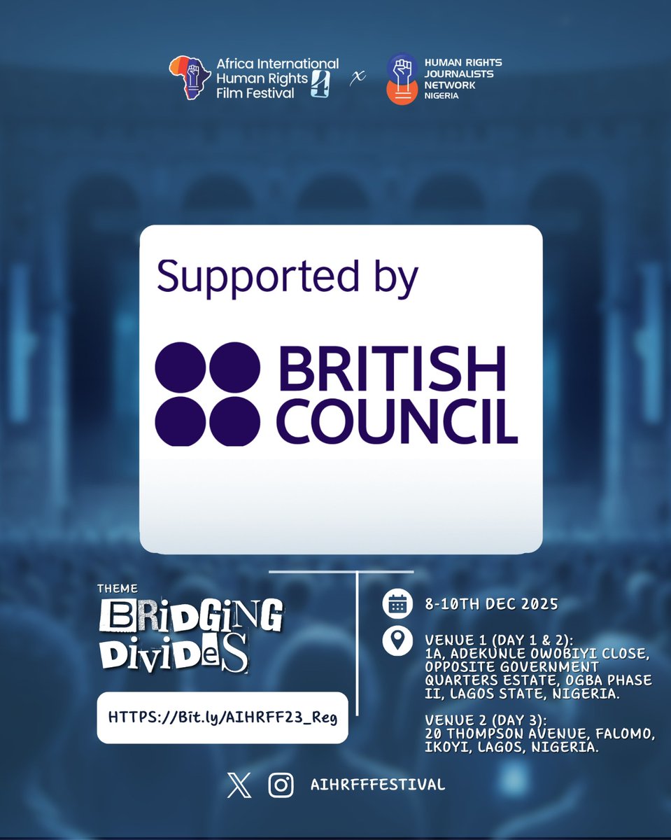 Meet a key supporter! 
Standing with us to amplify voices, spark conversations, and champion human rights through film.
We’re honoured to have them on this journey. 
#AIHRFF2025
#BridgingDivides
#FilmForJustice 
#AfricaHumanRightsFestival
#VoiceInFilm
<a href="/BritishCouncil/">British Council</a>