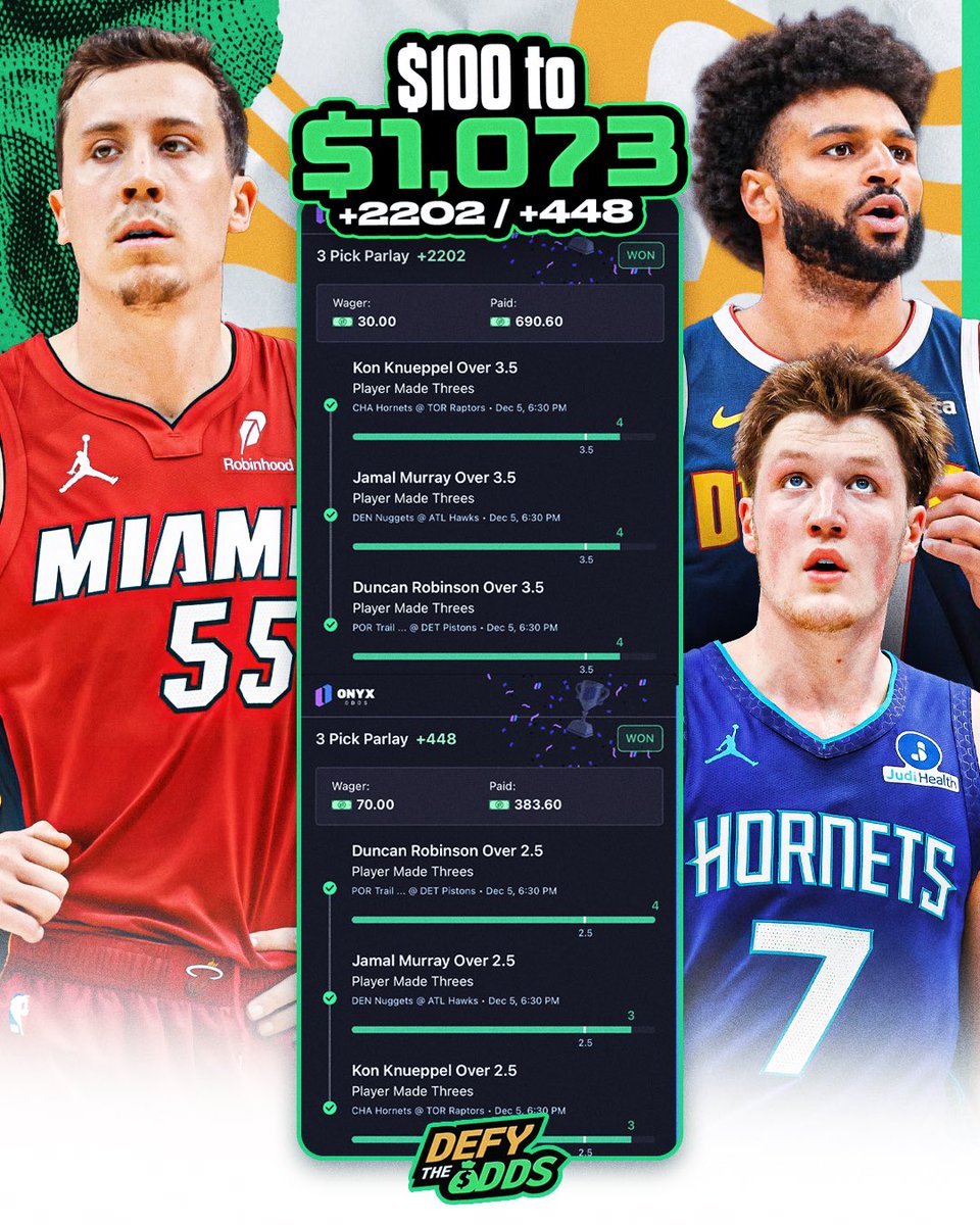 I'm coming right back off a win, tryna win again!! 😮‍💨📈🔥💰

3/4 Threes Collab with my dawg <a href="/letkeithcook/">LKC</a> 🔥🚀

9.7U Bangerrrrr ✅✅✅

Let's keep building! 👇🏾

oddsshopper.com/experts/defyth…