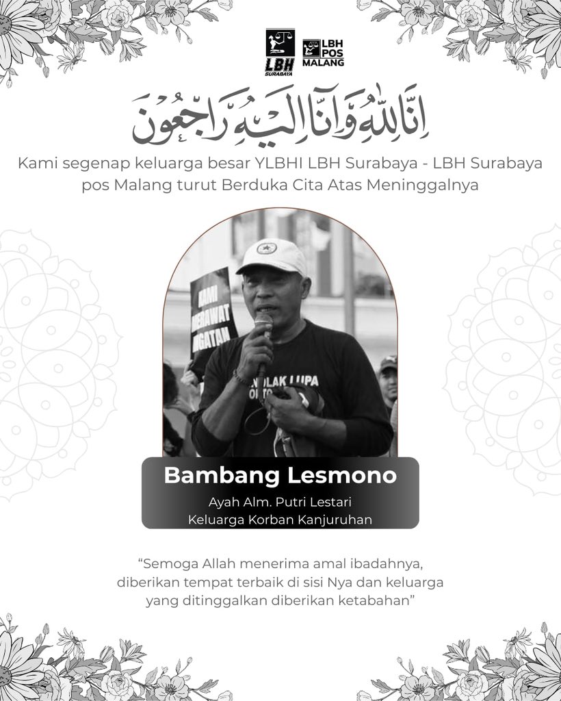 Innalillahi wa inna ilaihi rajiun.

Telah meninggal dunia Bpk Bambang Lesmono. 

Seorang ayah yang sabar, tekun, disiplin, dan militan dalam perjuangan untuk keadilan keluarganya &amp; banyak keluarga korban lainnya. 

JSKK merasakan kehilangan yang mendalam. Istirahat dalam damai.