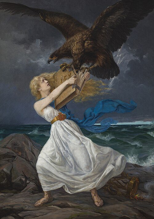 🇫🇮 The 1905 painting Hyökkäys by Eetu Isto became a powerful symbol of Finland’s resistance to Russification.

The Maiden of Finland defends the law, and the nation’s very identity, from the attacking Russian eagle, representing imperial attempts to crush Finnish autonomy.