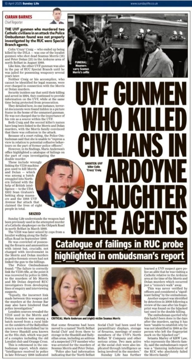 State sponsored sectarian murder, collusion, cover-up and denial of the truth.
Craig's name was removed from UVF memorials after the INLA executed him and two other UVF members on the Shankill rd.
80%+ of unionists endorse unionist politicians meeting with the still active UVF.