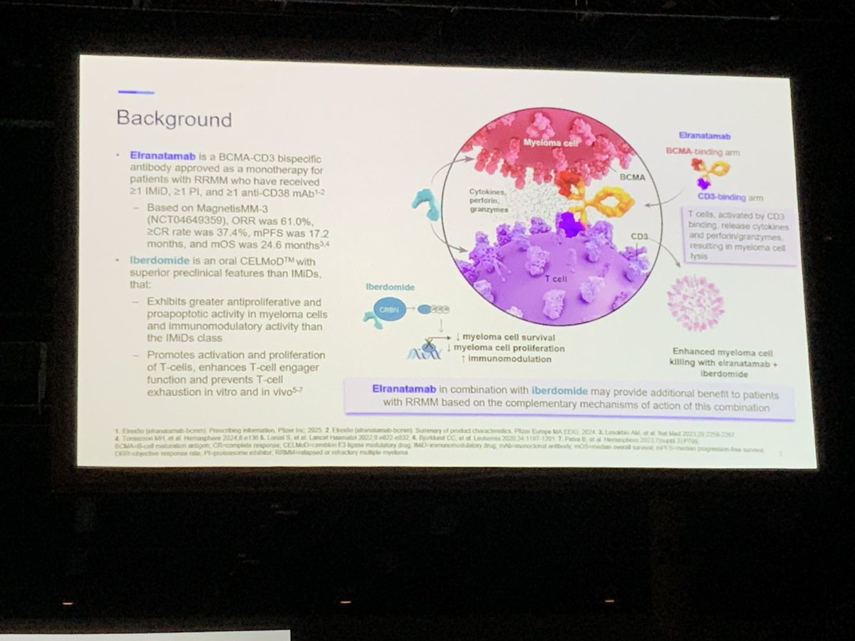 IMFnurseMyeloma's tweet photo. #RRMM 1-3 pLOT, MagnetisMM-30 evals #BCMA-directed Elrexfio and #CelMod Iberdomide. Early results show efficacy in non-BCMA xposed. Infection, CRS & ICANS manageable. IVIG allowed. #ASH25 #mmsm @IMFMyeloma #IMFASH25 @ASuvannasankha https://t.co/PvfwzIi3yD