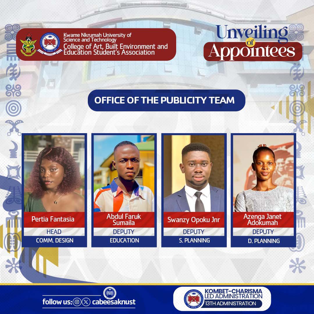 🔵⚪️CABEESA KNUST
🔰UNVEILING OF APPOINTEES

We are delighted to unveil the Publicity Team for the 2025/26 CABEESA Administration.
Meet the creative and dynamic minds dedicated to enhancing communication, visibility, and engagement throughout the academic year.✅
#cabeesaknust