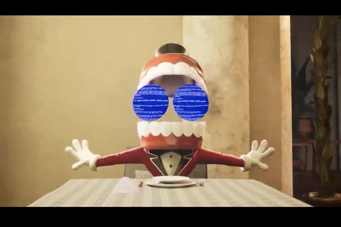 EchoraMusic's tweet photo. So, I’ve seen a lot now of screen grabs from the trailer for #TADC but there’s stills that are being missed that I NEED to question.

Is Caine REBOOTING? What is this npc doing?? And THIS DOOR?? IT LOOKS LIKE IT GOES TO THE OFFICE?? WHO SAW THIS DOOR? 

#TheAmazingDigitalCircus https://t.co/IdJon02T6z