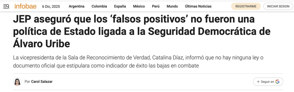 <a href="/PizarroMariaJo/">María José Pizarro Rodríguez</a> Convertir una tragedia en propaganda es miserable.
La JEP jamás ha señalado a <a href="/AlvaroUribeVel/">Álvaro Uribe Vélez</a>  como responsable y repetir esa mentira no la vuelve verdad.
Usar a las víctimas para atacar a un adversario es bajeza política, responda por los escándalos de su Gobierno!
