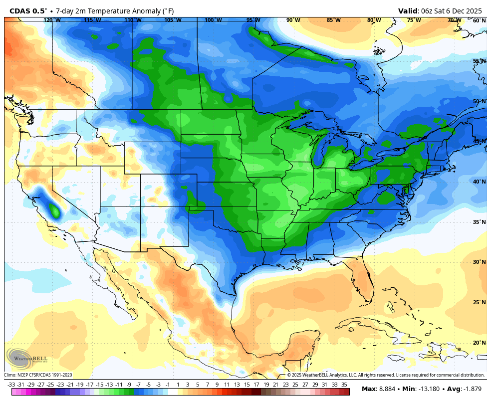 BigJoeBastardi's tweet photo. Post on https://t.co/D5hiKeiHJN shows how NYC in running for top 5 coldest December past 50 years as linkage between the MJO and WPO is shown. Entire nation from N plains to MA going to have a hard time getting out of this, and it may re-expand back west  Last 7 days, vs week 1,2 below