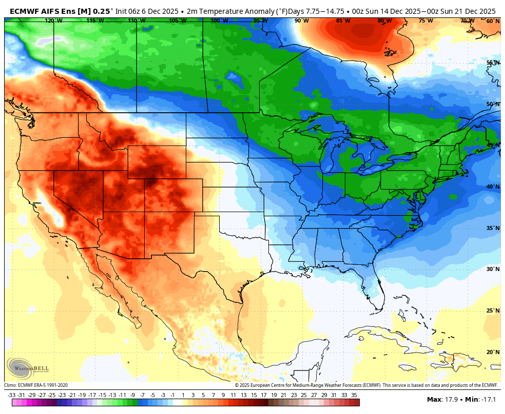 BigJoeBastardi's tweet photo. Post on https://t.co/D5hiKeiHJN shows how NYC in running for top 5 coldest December past 50 years as linkage between the MJO and WPO is shown. Entire nation from N plains to MA going to have a hard time getting out of this, and it may re-expand back west  Last 7 days, vs week 1,2 below