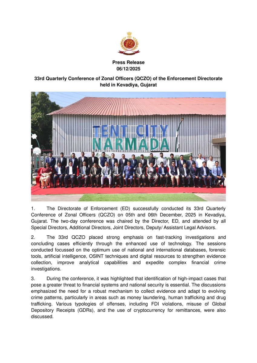 dir_ed's tweet image. The Enforcement Directorate concluded the 33rd Quarterly Conference of Zonal Officers in Kevadiya, focusing on fast-tracking investigations through technology, improved evidence collection, analytical tools, and enhanced coordination in tracking fugitives and financial crime…