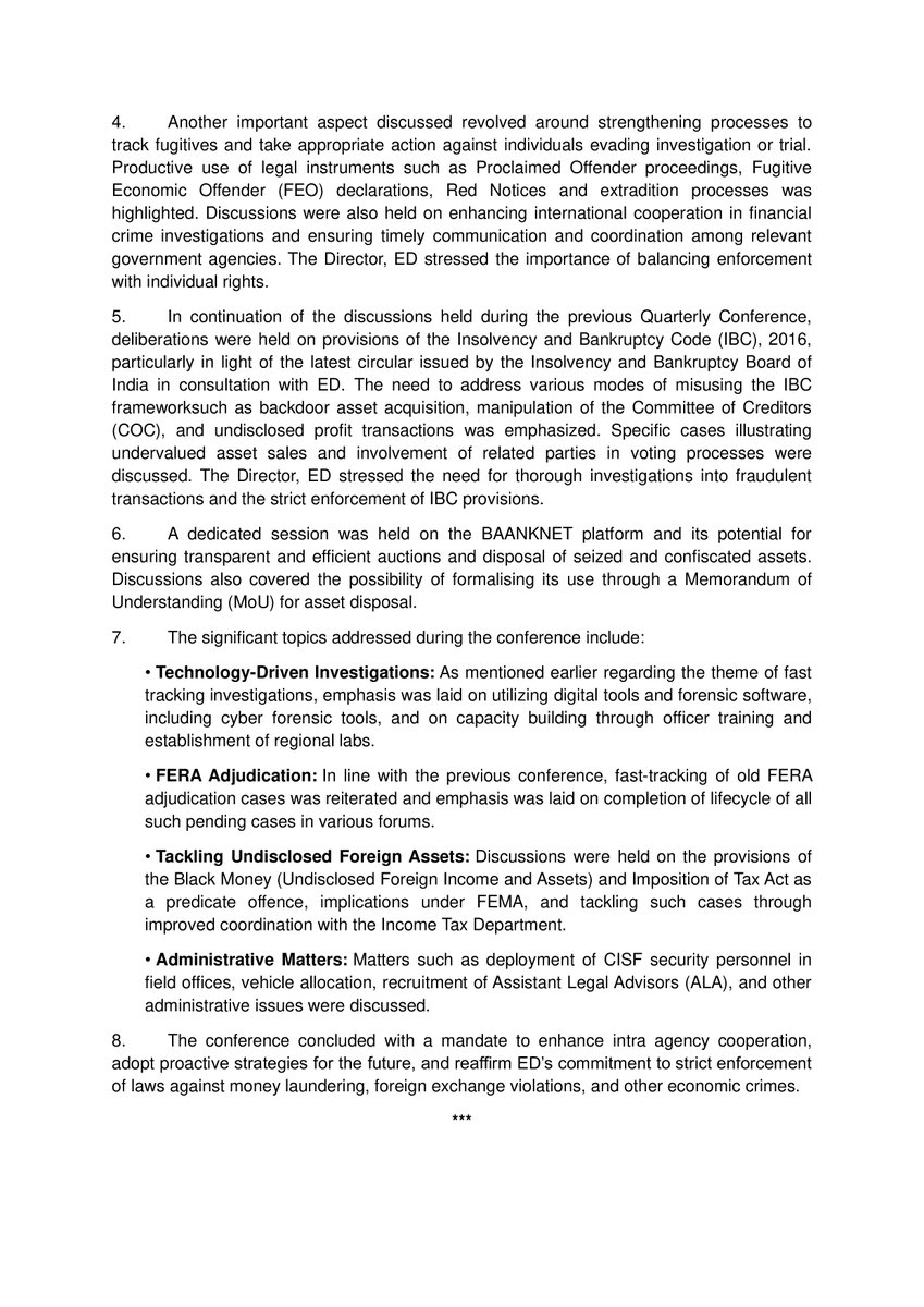 dir_ed's tweet image. The Enforcement Directorate concluded the 33rd Quarterly Conference of Zonal Officers in Kevadiya, focusing on fast-tracking investigations through technology, improved evidence collection, analytical tools, and enhanced coordination in tracking fugitives and financial crime…