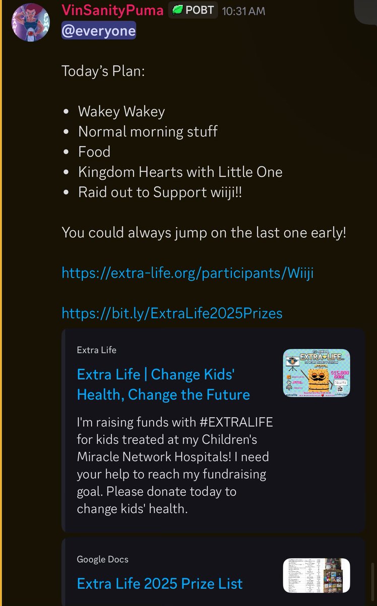 Let’s have an awesome Saturday!

If you want to help out <a href="/TheRealWiiji/">Wiiji</a> early go here

extra-life.org/participants/W…

And check out prizes here

bit.ly/ExtraLife2025P…