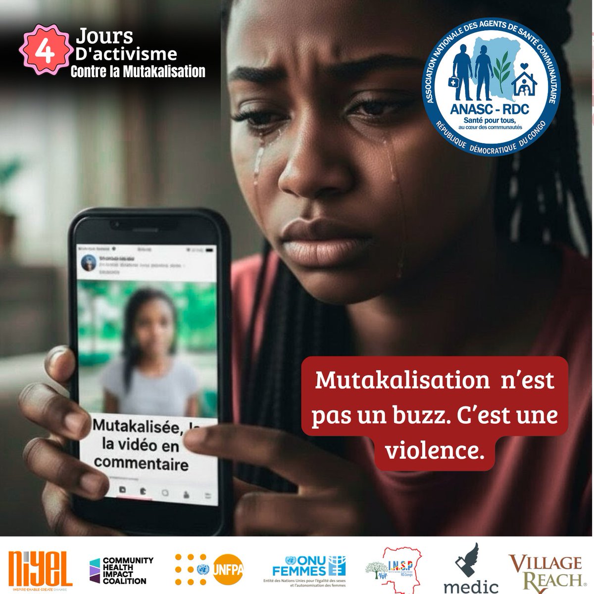 Partager une vidéo intime sans autorisation n’a rien d’amusant.

C’est une trahison et une atteinte à la dignité humaine.
Refusons de normaliser cette pratique.

Protégeons les victimes, pas les vues.
#StopMutakalisation #ANASCRDC #StopVBG #16JoursDactivisme #4JoursDactivismeMtk