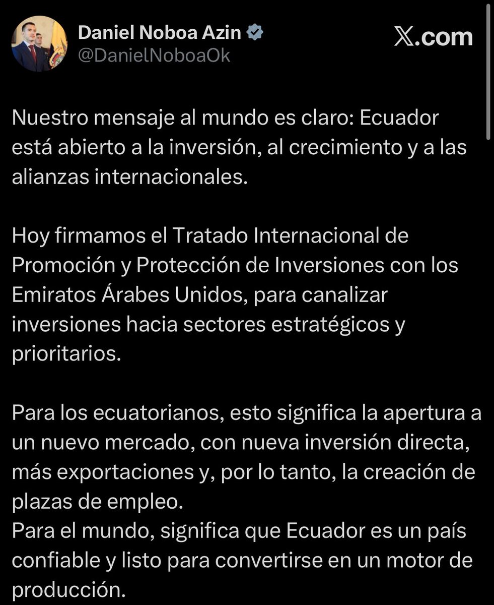 ‼️#URGENTE
El presidente Daniel Noboa anunció la firma del Tratado Internacional de Promoción y Protección de Inversiones con los Emiratos Árabes Unidos, con el objetivo de atraer inversiones hacia sectores estratégicos. Según el mandatario, el acuerdo busca abrir nuevos