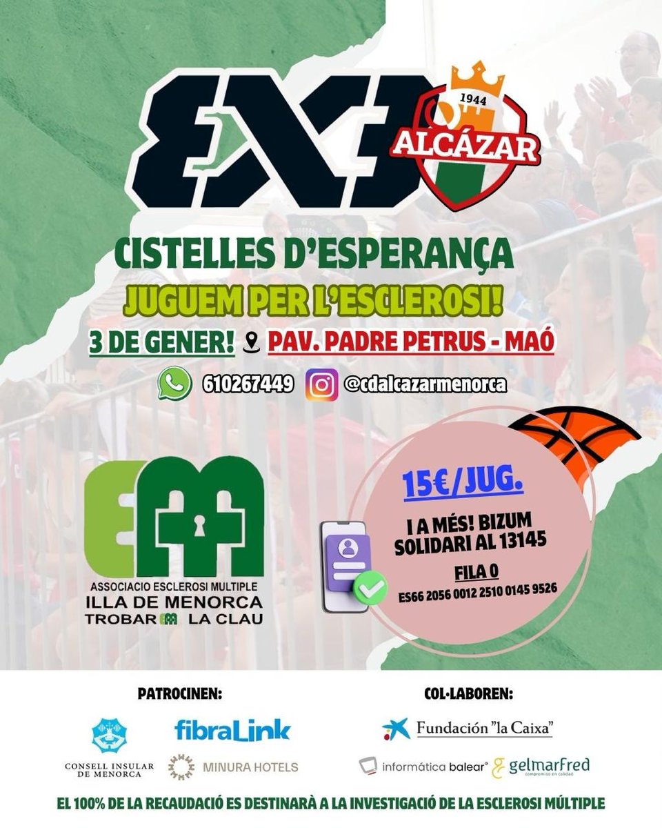 𝗖𝗗 𝗔𝗟𝗖Á𝗭𝗔𝗥 𝟯𝘅𝟯 – 𝗖𝗜𝗦𝗧𝗘𝗟𝗟𝗘𝗦 𝗗’𝗘𝗦𝗣𝗘𝗥𝗔𝗡Ç𝗔 💚🏀

DISSABTE! 📅 3 DE GENER! 3x3 SOLIDARI 🙌🏼💫

🎯 Objectiu? 💰🫰🏼 Recaptar fons per a l’AEMIM!

Partits! Premis. Moltes sorpreses! 💚 PARTICIPA!

🖥️👉🏼 cdalcazar.org/es/noticias/98…

#CDAlc #bàsquet #FBIB #FEB