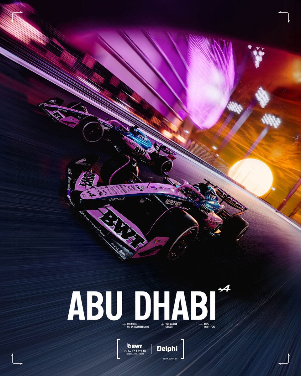 delphiautoparts's tweet image. 🏁 Final race of the season! Proud to close 2025 alongside @AlpineF1Team — and excited for what’s ahead next year. 💙

To mark the moment, this special edition race poster captures the Yas Marina sunset. Learn about the design: alpinef1.com/news/behind-th…