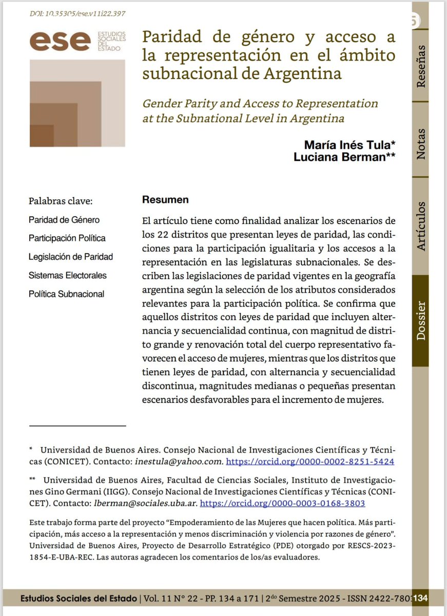 📣NUEVA PUBLICACIÓN📖Con la Dra. <a href="/inestula1/">nechi</a> comparamos todas las leyes de paridad ⚖️vigentes en el país, los sistemas electorales de cada distrito subnacional y el acceso a la representación de las mujeres en todo el período democrático doi.org/10.35305/ese.v…  
Abro🧵👇🏼