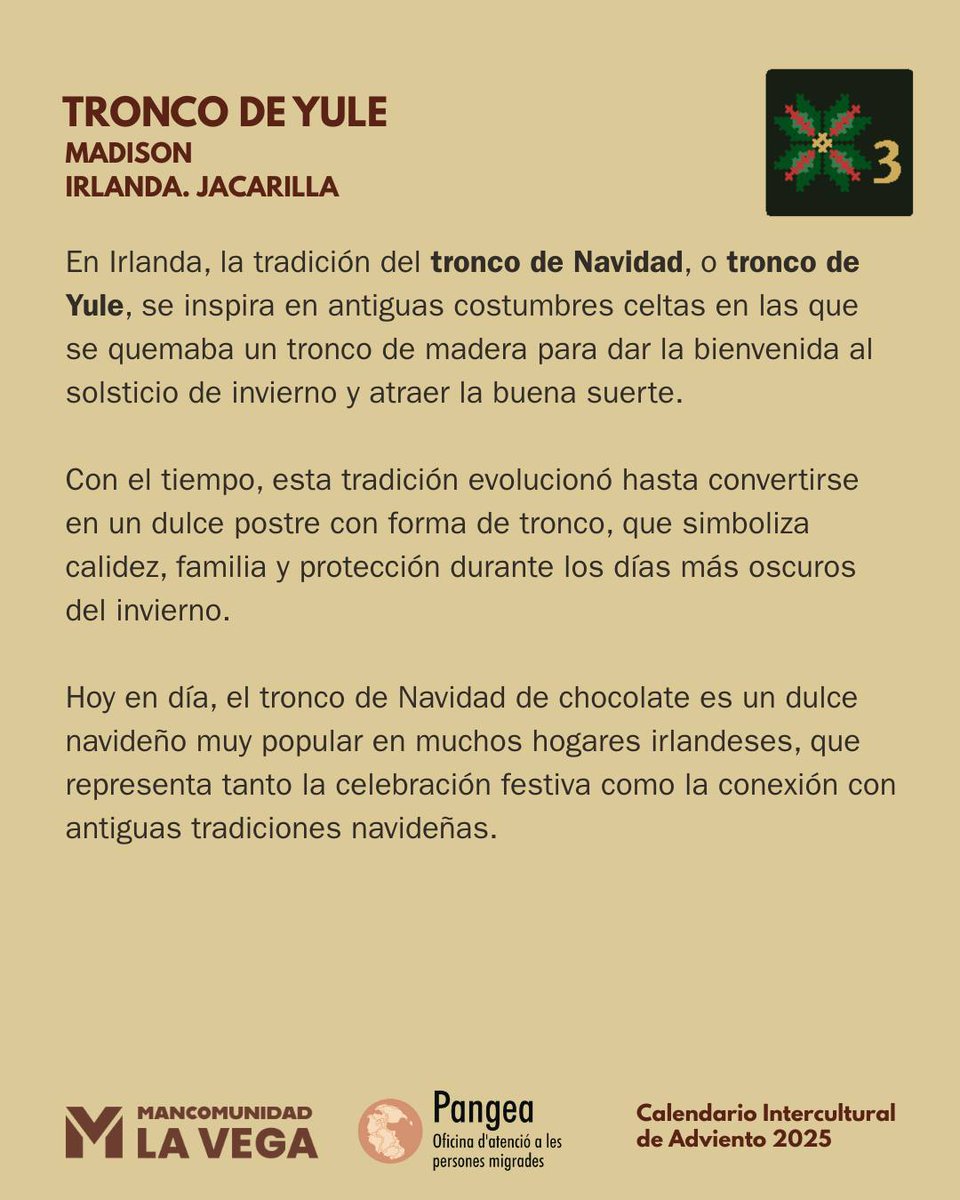 🗓 Día 3: Madison de #jacarilla nos cuenta el origen del Tronco de Yule irlandés  🇮🇪
🌎Viajamos hasta las navidades irlandesas para conocer el origen del postre navideño más tradicional de Irlanda, que se remonta a tiempos remotos y tiene un gran simbolismo.