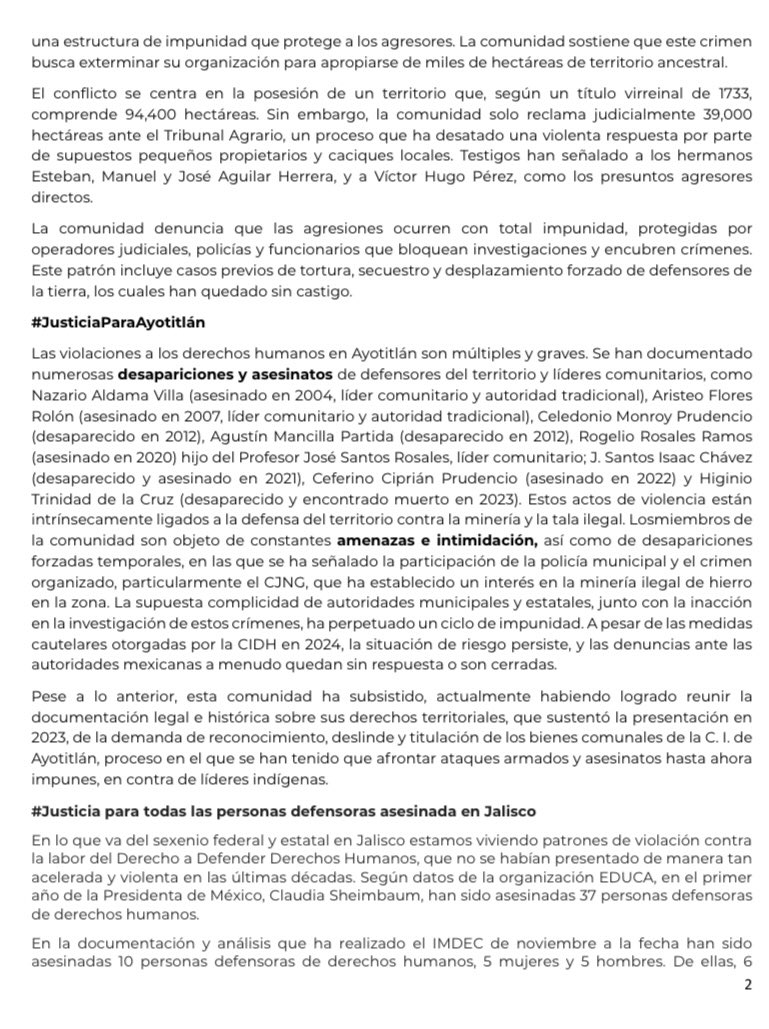 imdecac's tweet image. 📍#BoletínDePrensa|

🕯️👊🏽#JusticiaPorAzqueltán y los 10 Defensorxs asesinado en Jalisco en el primer año de gobierno.

📣#Letal han sido asesinadas 37 personas defensoras #DH en #México en el primer año de gobierno, de ellas 10 casi la tercera parte ha ocurrido en #Jalisco
