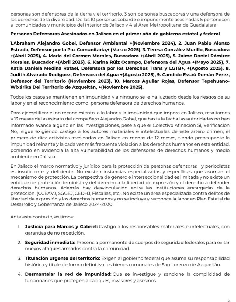 imdecac's tweet image. 📍#BoletínDePrensa|

🕯️👊🏽#JusticiaPorAzqueltán y los 10 Defensorxs asesinado en Jalisco en el primer año de gobierno.

📣#Letal han sido asesinadas 37 personas defensoras #DH en #México en el primer año de gobierno, de ellas 10 casi la tercera parte ha ocurrido en #Jalisco