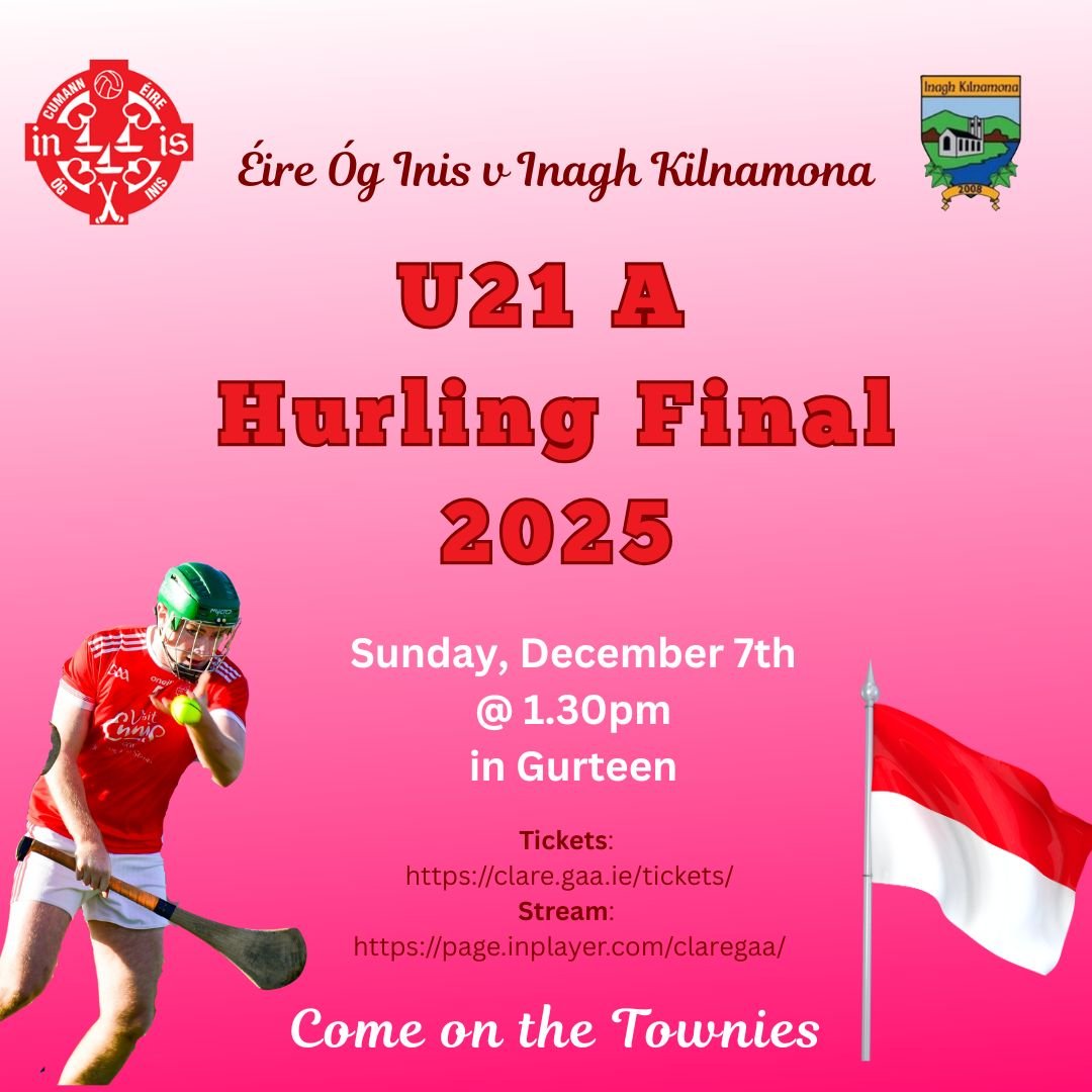 Wishing the very best of luck to our U21 A hurlers in tomorrow's final v Inagh Kilnamona. Throw in is 1.30pm in Gurteen. Looking for plenty of red and white support for the lads ❤️🤍 Come on the Townies 🤞🙌
🎟 clare.gaa.ie/tickets/
🎥 page.inplayer.com/claregaa/curre…