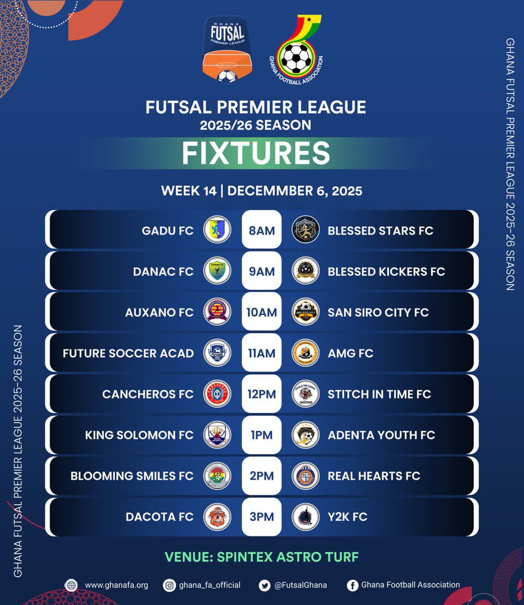 ⚡ Matchday 14 is here!

#FutsalPremierLeague 🏆
#GPLFutsal | #Matchday5 | #FutsalGhana