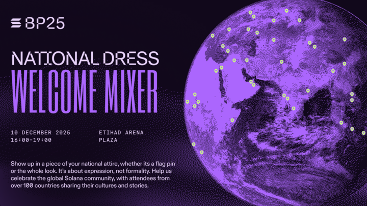 Solana Breakpoint 2025 国家服饰欢迎联谊会海报，紫色地球与全球定位标记及活动详情