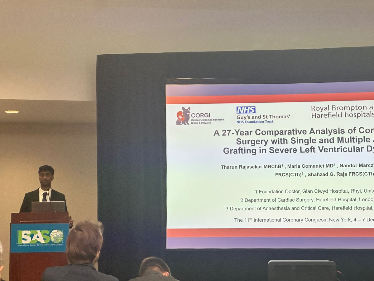 Shahzad77891064's tweet image. Pushing limits in complex #CABG! Tharun Rajasekar unveils Harefield's experience with single vs multiple arterial grafting in severe LV dysfunction (&amp;lt;30%). Insights into optimal revascularisation strategies for high-risk patients #ICC2025 #MAG #CABG
