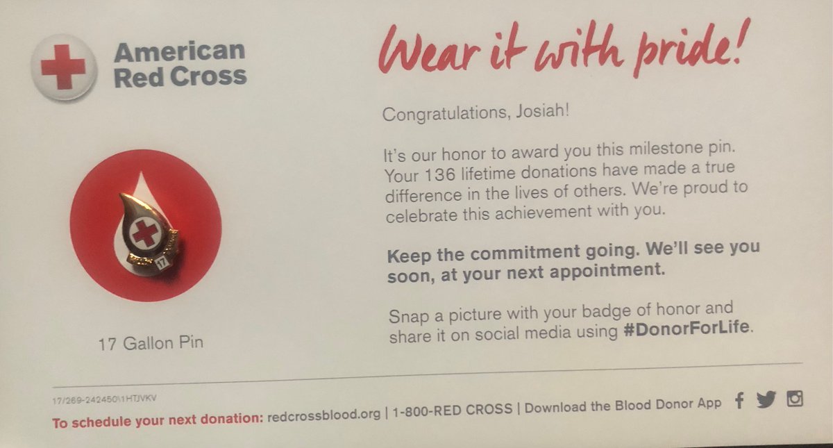 Today I gave #blood:
#CT pint 136, completing gallon 17 <a href="/CTRedCross/">CT Red Cross</a>.
Those eligible can #GiveLife #GiveBlood #Every8Weeks.
It takes an hour &amp; can help those of all ages, with #SickleCell, #trauma, etc.
Please consider giving if you can! #DonorForLife
redcross.org/give-blood.html
