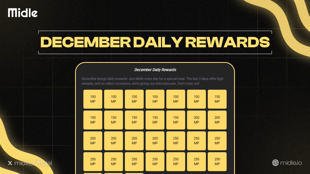 December Daily Rewards are now live on Midle. 🎁

Log in every day this month and keep your streak to earn extra Midle Points, with special bonuses waiting in the final days. 👀

Start now. 👉 app.midle.io