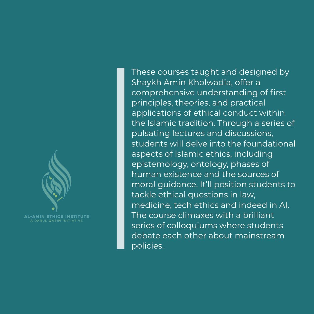 DarulQasim's tweet photo. Registration is OPEN!

Islamic Ethics 101 & 102 with Shaykh Amin Kholwadia

Explore Islamic ethics and real-world moral challenges through philosophy and contemporary case studies.

🗓 Jan 11–Feb 11, resumes Mar 29–May 3 ⏰ Sundays | 12:30 PM CT 💵 $500 or 4 installments

🔗 https://t.co/W1ljWpgt3G