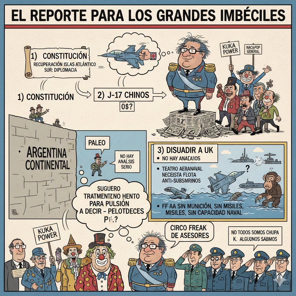 El siempre pelotudo de <a href="/RossiAgustinOk/">Agustín Rossi</a> nos dice que los F16 no disuaden a UK. Cómo él y todos los kukas hacen una suerte de concurso para ver quien es más pelotudo, algo en que los generales Nac&amp;Pop también participan, hago este reporte para explicarle a esos enormes imbéciles
