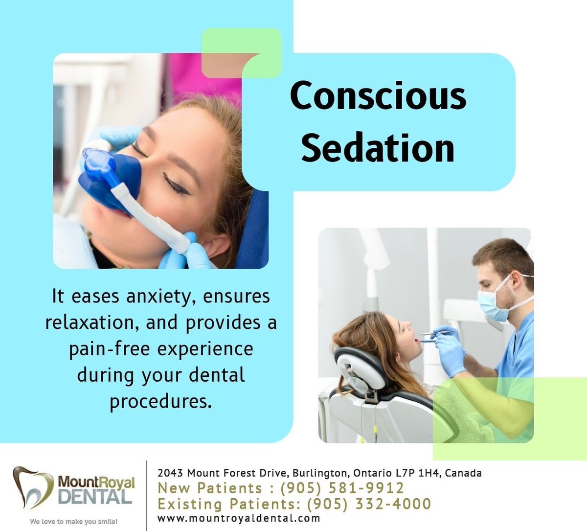 Transform your dental fears into relaxation with conscious sedation. We ensure a painless and comfortable experience for every patient. Visit mountroyaldental.com today. #conscioussedation #sedationdentistry #dentalanxiety #burlington #ON #mountroyaldental