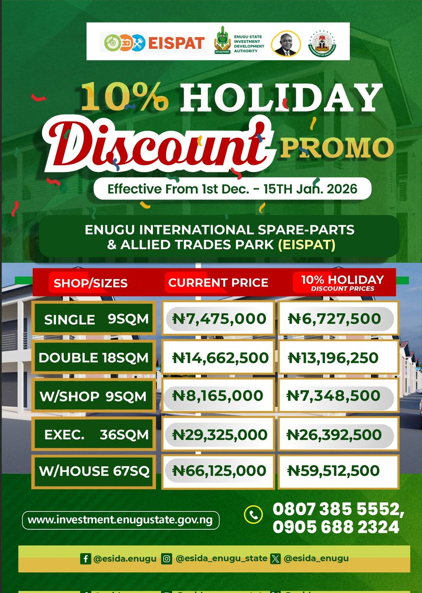 esida_Enugu's tweet photo. December is the season for smart business moves.

Own a shop at EISPAT, 9th Mile Enugu and enjoy a 10% holiday discount across all shop categories for a limited time.

📞 0807 385 5552 | 0905 688 2324
🌐 https://t.co/A6j9OcGCYs

#BMMF15 #HealthcareAI https://t.co/Bb3fzSXslg