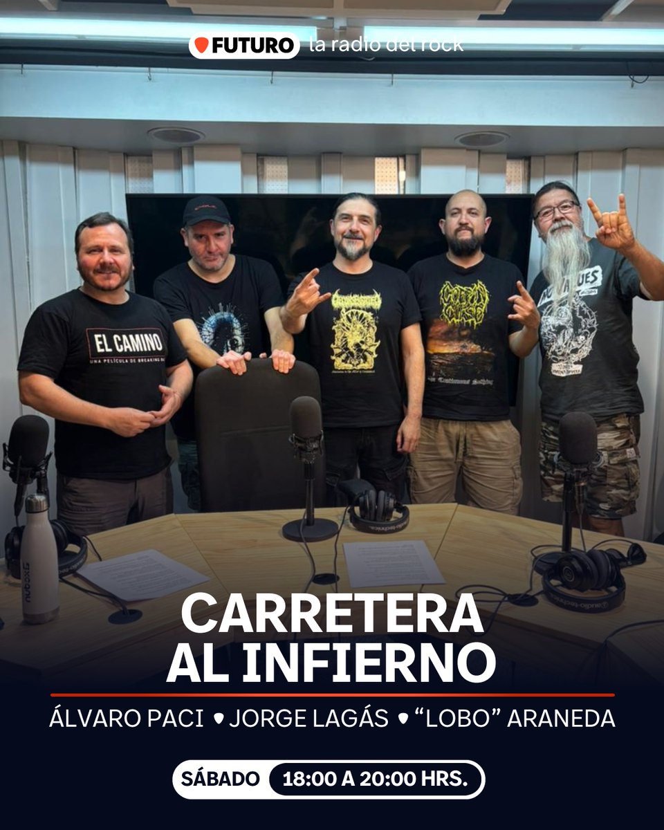 Comienza #CarreteraAlInfierno en Futuro junto a <a href="/Alvaropaci/">Alvaro Paci</a>, <a href="/cerebroatomico/">jorge ignacio</a> y <a href="/loboaraneda/">Lobo</a>. Hoy, en compañía de la banda nacional Poema Arcanus.

Escúchalos por la 88.9 o la señal online de #LaRadioDelRock a lo largo y ancho de todo Chile.🤘