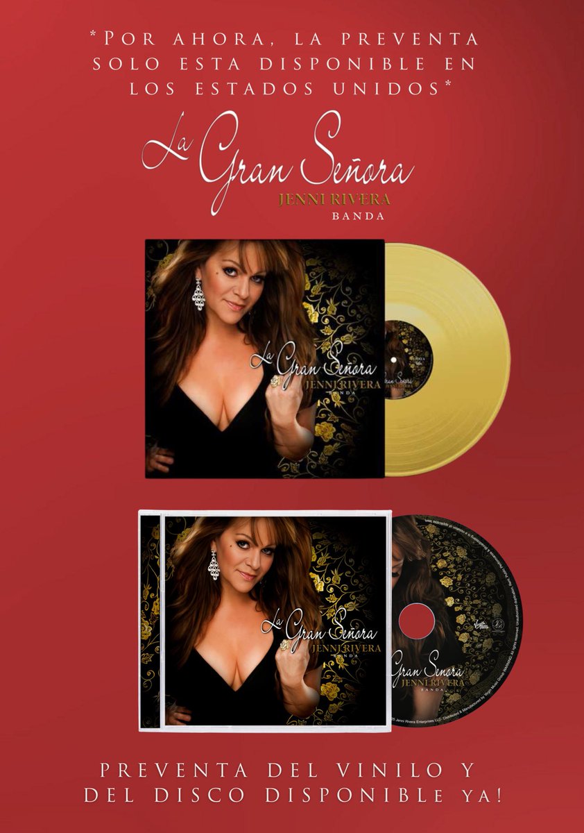 La Preventa para el vinilo y el disco físico
‘La Gran Señora - Banda’ disponible ya! 

Vinilo: jenniriverafashion.com/collections/ne…

Disco físico: jenniriverafashion.com/collections/ne…

*Por ahora, la preventa solo está disponible en los Estados Unidos*