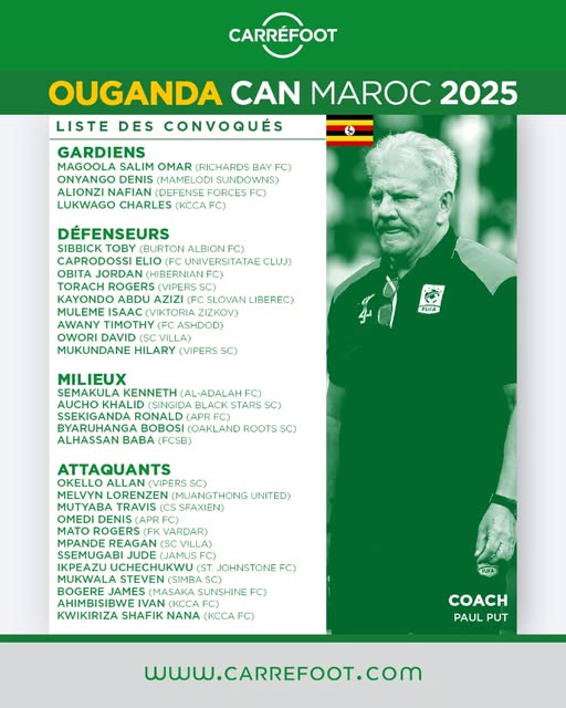 CAN 2025 : Paul Put, le sélectionneur national de l'Ouganda a dévoilé la liste des joueurs convoqués !

#CAN2025 #Joueursconvoqués #PaulPut #Ouganda #Carréfoot