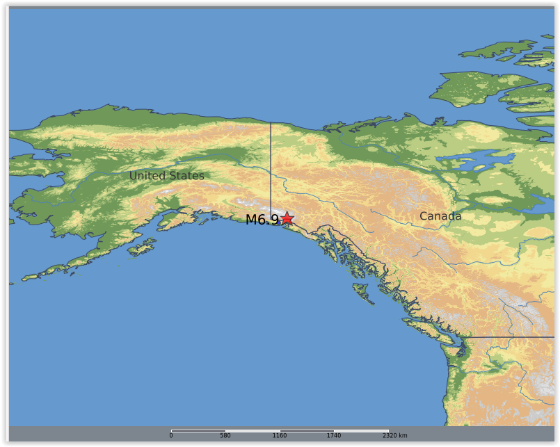 QLARM's tweet image. EARTHQUAKE M6.9. Origin Time: 2025-12-06 20:41:51 UTC, Southeastern Alaska, United States (60.43 ; -139.43), Depth: 10.0 km, (source(s): GFZ). Estimated fatalities: 0 to 0, injured: 0 to 0