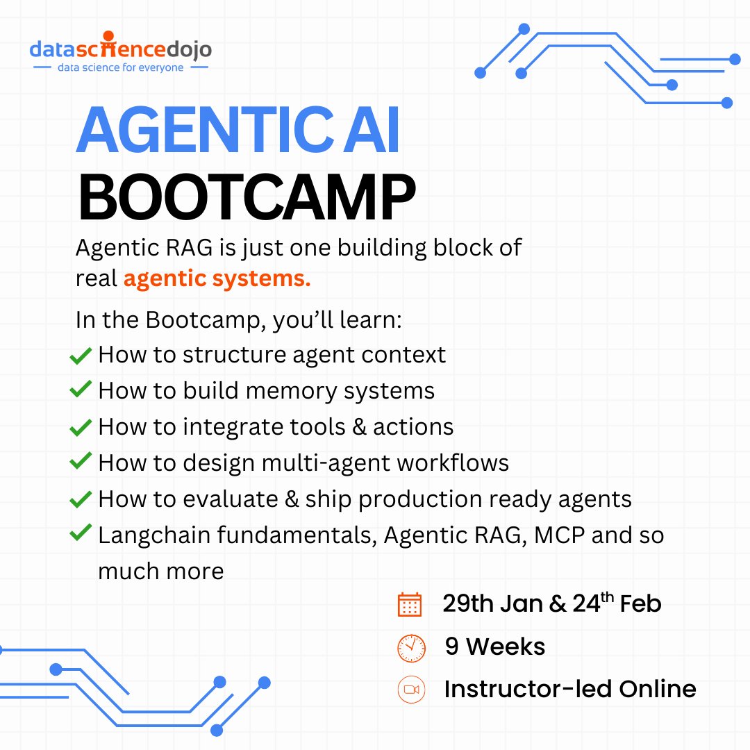 DataScienceDojo's tweet image. 🚀 A lot of people think RAG is just “letting the model search stuff.”

But agents don’t use RAG for searching —
they use it to think.

Like actual memory.

A good vector database setup can turn a confused agent into a confident one that knows exactly what matters and what…